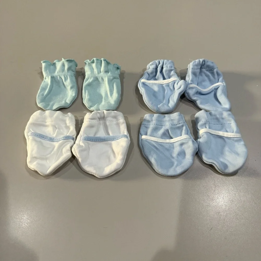 Set of 4 Baby Mittens in Blue and White.  Newborn